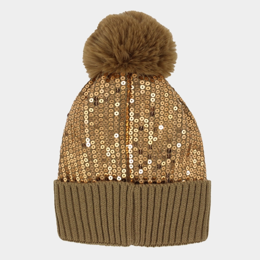Brown Metallic Sequin Fur Pom Style Winter Beanie Hat Trend Fashion Accessory